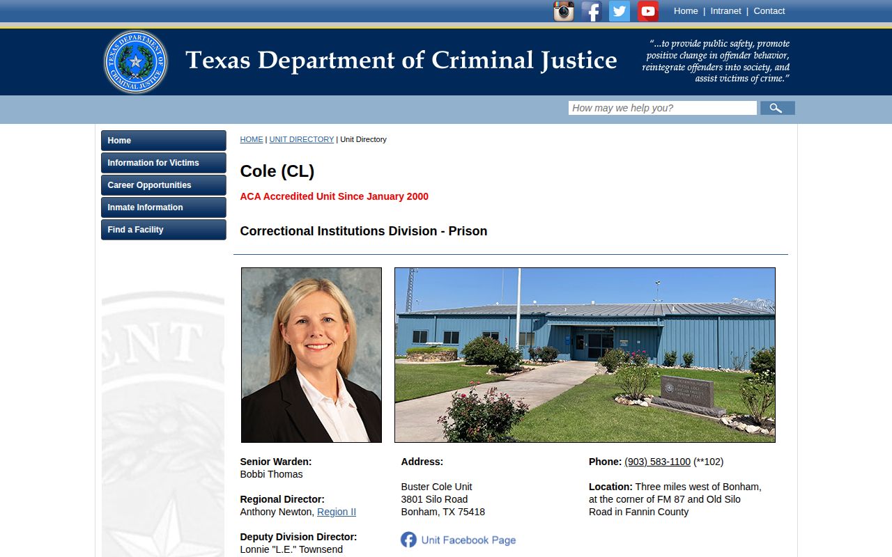 Buster Cole Unit TDCJ facility and release information
