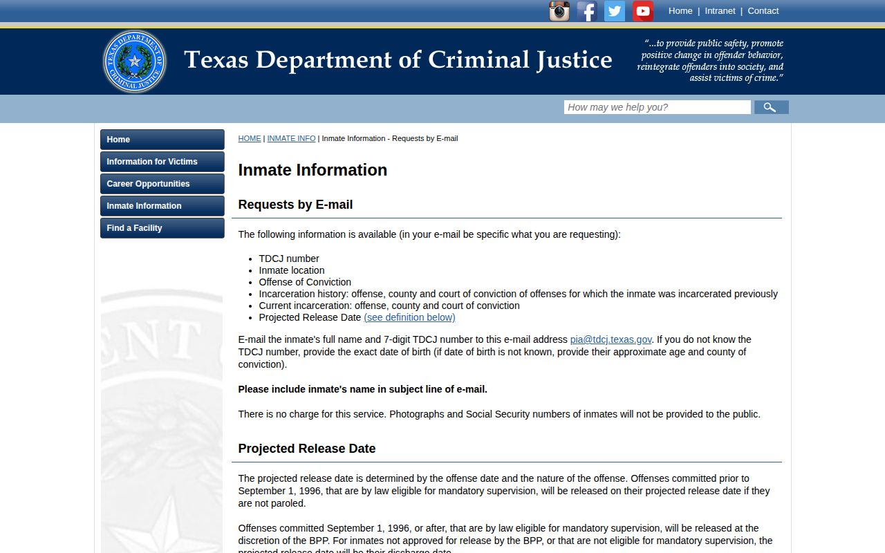 TDCJ inmate information page defining Projected Release Date