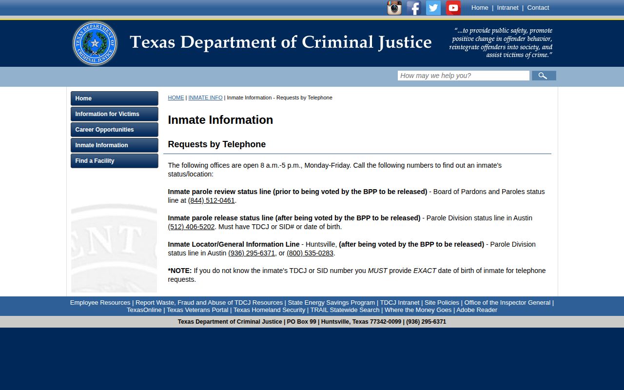TDCJ telephone information and parole status lines
