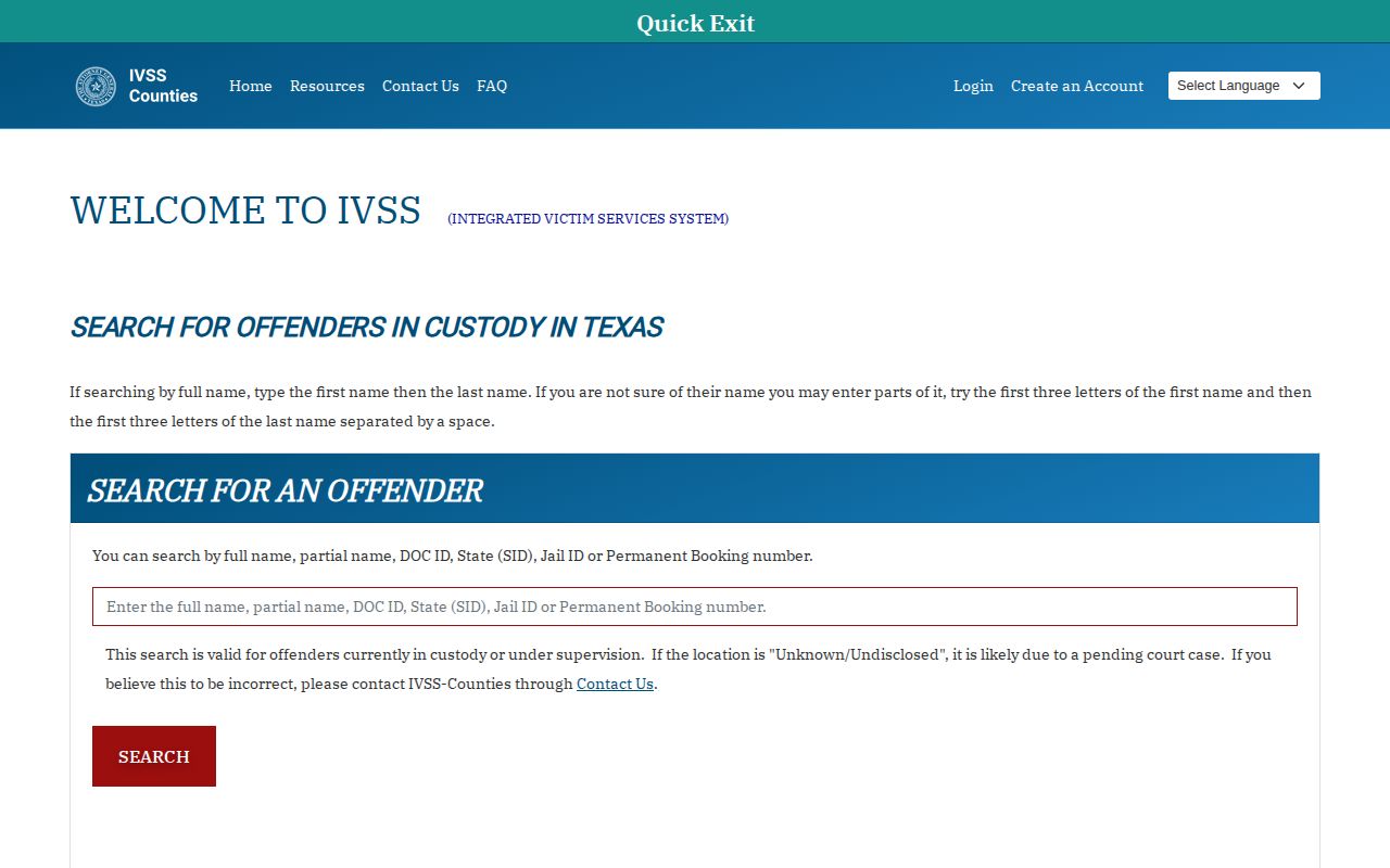 Texas IVSS-Counties person search form